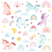 Set Of Cute Unicorns, Scandinavian Rainbows, Moon, Stars, Sun In Cartoon Flat Style. Vector Illustration Of Baby Horse, Colorful Pony Animal For Fabric Print, Apparel, Children Textile Design, Card