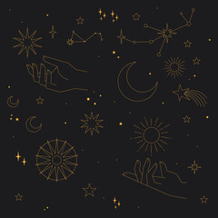 Wall Mural - Boho Witch and Magic icon Collection with mystic stars planets, suns, moons, and magical symbols.