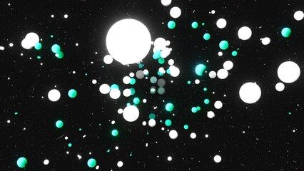 Poster - Abstract spreading confetti particles on a black background. Motion. Tiny spheres flying into all the sides.