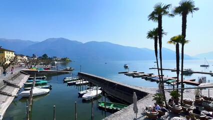 Sticker - Outdoor cafes on Lungolago of Lake Maggiore, Ascona, Ticino, Switzerland