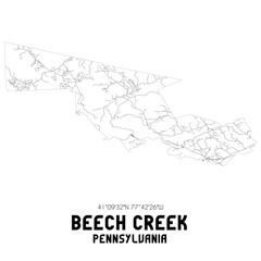  Beech Creek Pennsylvania. US street map with black and white lines.