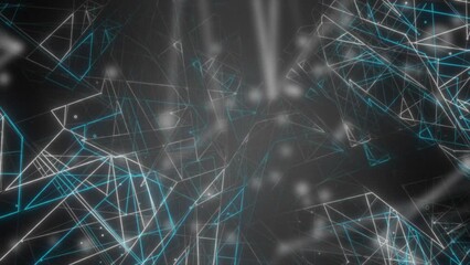 Poster - Black background. Motion. White and blue lines in the graphics fly to chaotic places in 3D format.