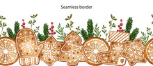 Christmas Gingerbread Seamless Border. Holiday Traditional Cookies Background With Fir Branch; Mistletoe, Berry.