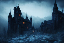 Background For A Scary Fairy Tale Background, A Dark Gothic Castle In A Dark Dead Valley, Some Kind Of Gray Place In A Gloomy Area Of A Mountainous Region.