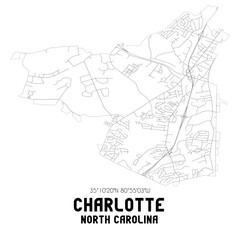  Charlotte North Carolina. US street map with black and white lines.