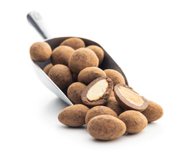 Wall Mural - Almonds in chocolate coated in cocoa isolated in scoop on white background.