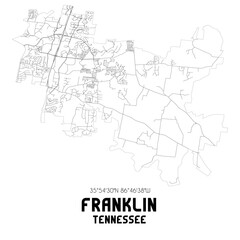 Franklin Tennessee. US street map with black and white lines.