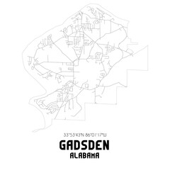  Gadsden Alabama. US street map with black and white lines.
