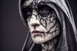 Frightening angry hooded woman with cracked face, death reaper concept. Digital illustration