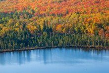 Trees In Autumn Color Above A Blue Lake In Northern Minnesota