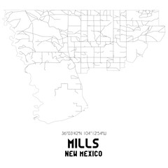  Mills New Mexico. US street map with black and white lines.
