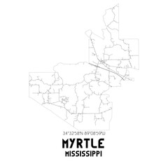  Myrtle Mississippi. US street map with black and white lines.