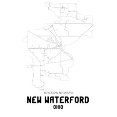  New Waterford Ohio. US street map with black and white lines.