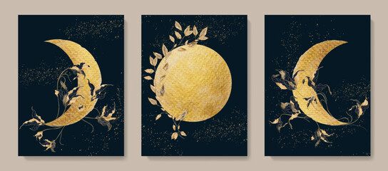 Wall Mural - Luxury dark art background with moon phases, flowers and leaves in golden art line style. Vector minimalistic set in a watercolor style for decoration, wallpaper, print, interior design, packaging.