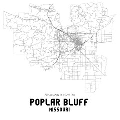  Poplar Bluff Missouri. US street map with black and white lines.