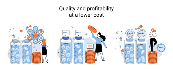 Wall Mural - Quality and profitability at lower cost. Salary increase metaphor, profit margin. Earn on business inflation, investment, developing, coordinating sales. Management optimization of business processes