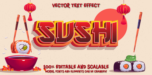 Leinwandbilder - Sushi text, editable Asian style red font lettering with a set of vector tasty sushi rolls served. Japanese sushi rolls. Logo template sushi. Vector design with stylized editable font effect
