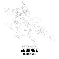  Sewanee Tennessee. US street map with black and white lines.