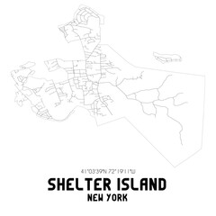 Shelter Island New York. US street map with black and white lines.