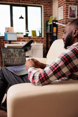 Poster - Business man talking to people on videocall conference, attending online meeting on teleconference. Chatting on remote videoconference call with webcam and laptop, working remotely.