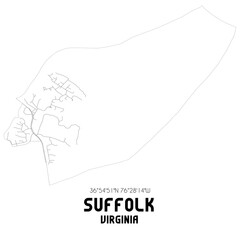  Suffolk Virginia. US street map with black and white lines.