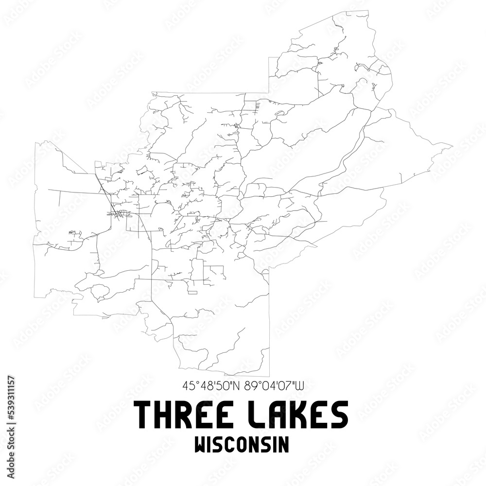 Three Lakes Wisconsin. US street map with black and white lines. Stock