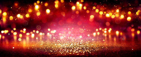 Wall Mural - red and golden glittering with bokeh lights in abstract defocused background