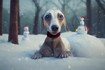 Lurcher Whippet Greyhound Sighthound dog in the snow at Christmas