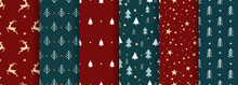 Vector Set Of Seamless Christmas And New Year`s Patterns. Winter And Christmas Elements On A Dark Background. Wrap For Gifts.  