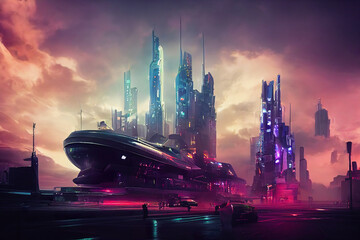 Wall Mural - Sci-fi fantasy futuristic illustration digital background art scifi artwork tech 
technology wallpaper future concept dystopia cyberpunk neon modern style