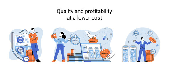 Fototapete - Quality and profitability at lower cost. Salary increase metaphor, profit margin. Earn on business inflation, investment, developing, coordinating sales. Management optimization of business processes