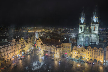 Wall Mural - Above Prague old town square and Tyn cathedral at night, Czech Republic