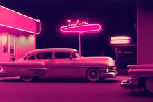 Roadside Retro Cafe Diner With Cars In The Style Of The 80s Retrowave Syntwave Art