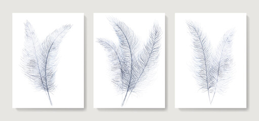 Watercolor art background with hand drawn feathers in art line style. Vector set of posters for decoration design, print, textile, interior design, wallpaper, banner.