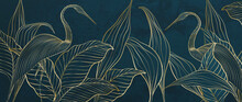 Luxury Tropical Art Background With Exotic Leaves And Birds In Golden Line Style. Hand Drawn Vector Banner For Decoration Design, Print, Wallpaper, Interior Design, Textile, Packaging.