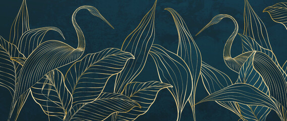 Luxury tropical art background with exotic leaves and birds in golden line style. Hand drawn vector banner for decoration design, print, wallpaper, interior design, textile, packaging.