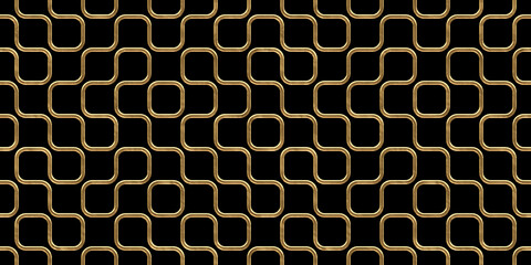 Wall Mural - Seamless golden retro square turing line pattern. Vintage geometric abstract gold plated relief on black background. Elegant metallic luxury backdrop. Maximalist gilded age wallpaper 3D rendering.