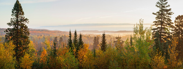 Wall Mural - panorama of a valley in the sawtooth mountains of minnesota at sunrise on an autumn morning