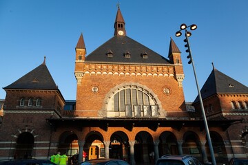 Copenhagen Central Station historical building in Denmark against a clear sky