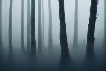 Sticker - moody dark tree trunks long and thin with fog