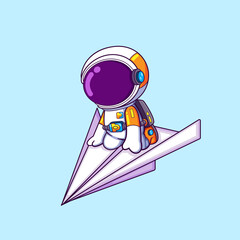 the cute astronaut is sitting and flying on the paper airplane