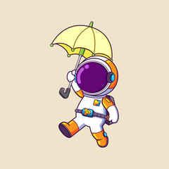 Wall Mural - The happy astronaut is dancing and holding the umbrella under the big rainy