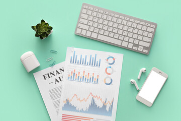 Poster - Business charts, gadgets and stationery on green background