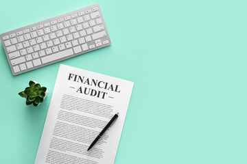 Poster - Business document, pen and keyboard on green background