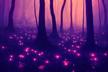 Canvas Print - Dark fairytale fantasy forest. Night forest landscape with magical glows. Abstract forest, magic, fantasy, night, lights, neon. 3D illustration.