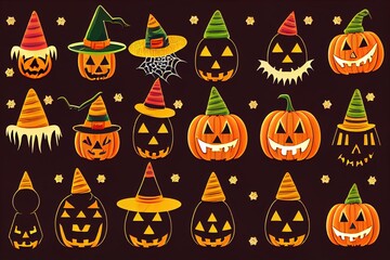 Poster - Halloween holiday banners of cartoon Halloween sweets and candies with witch hat and cobweb. 2d illustrated horror night pumpkin lanterns, cakes or cupcakes, candy corn, witch finger cookies and