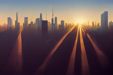 Wall Mural - cityscape and skyline of downtown in sunrise day on view from empty floor background