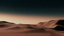 Desert Landscape With Sand Dunes And Warm Gradient Starry Sky. Empty Contemporary Wallpaper.