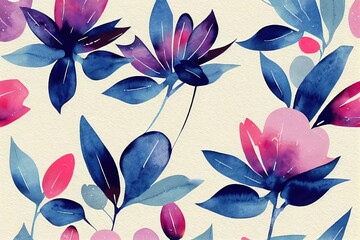 Sticker - Watercolor art background 2d illustrated. Wallpaper design with winter flower paint brush line art. Earth tone blue, pink, ivory, beige watercolor Illustration for prints, wall art, cover and