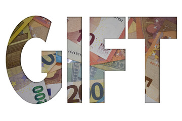 Poster - Gift word with money. Paper currency background with different banknotes.